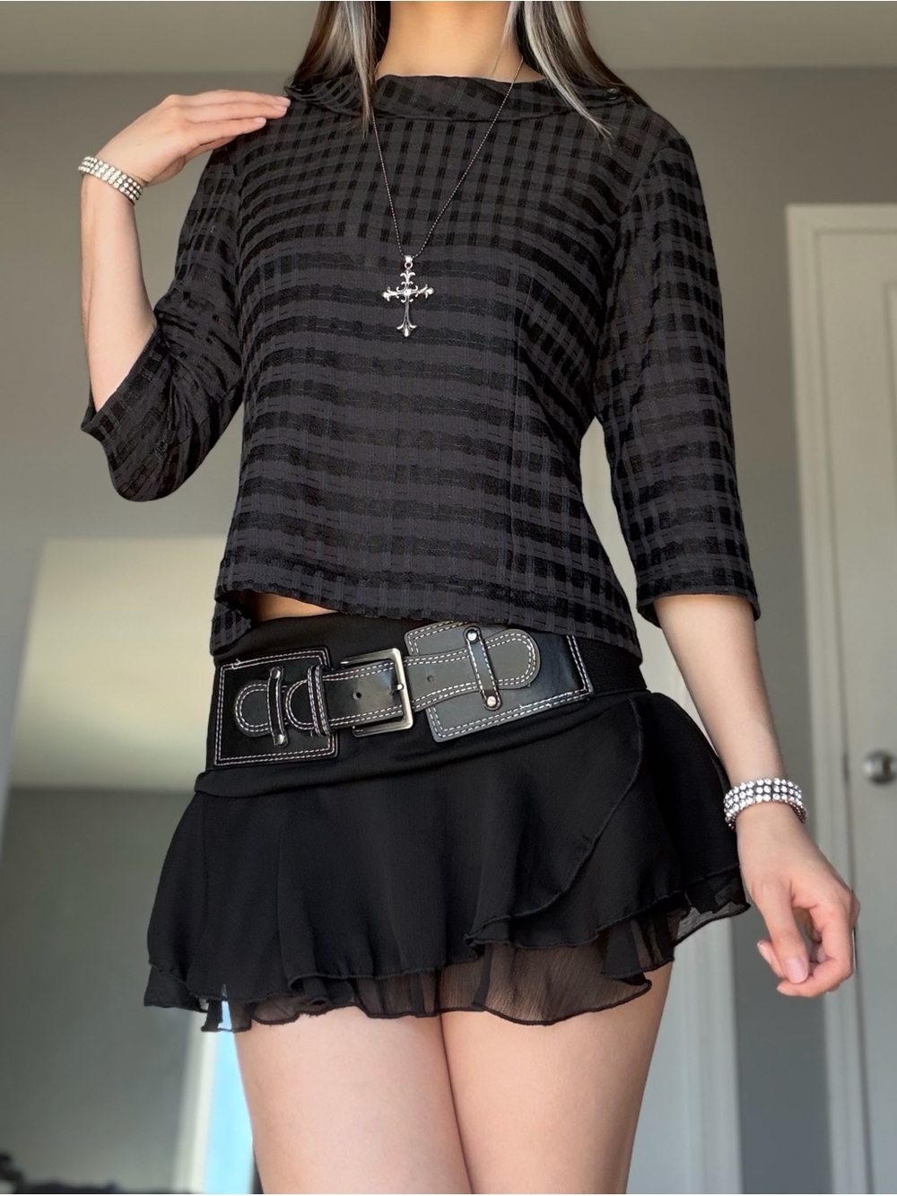 Y2K Gothic Grunge Black & Grey Striped Top w/ Buttoned Fold Over Neckline